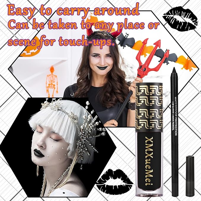Black Velvet Matte Liquid Lipstick and Lip Liner Set - Smudge-proof, Long-lasting, Waterproof Black Lip Gloss Stain and Liner Pencil for Goth Halloween Cosplay Makeup