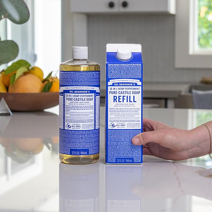 Dr. Bronner's Pure-Castile Liquid Soap Bottle & Refill Carton - Made with Regenerative Organic Certified Oils, 82% Less Plastic-18-in-1 Uses for Face, Body Wash, Hand Soap Refill- Peppermint, 32oz