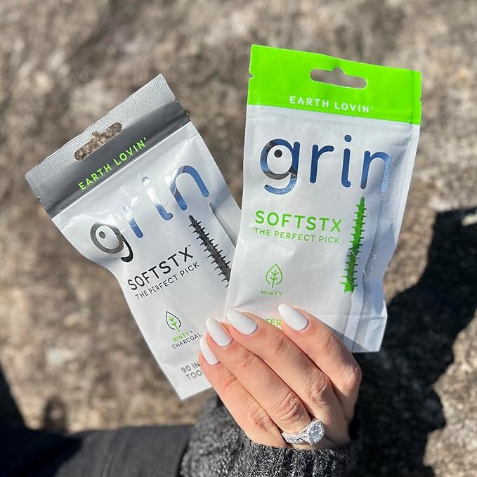 Grin Charcoal Infused Softstx, Gentle Dental Picks, 90 Count, Soft Flexible Bristles, Textured Plaque Removing Toothpick, Minty Flavor, for Between Teeth, Refillable Hygienic Case