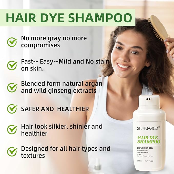 Black Hair Dye Shampoo 3 in 1 for Gray Hair Coverage Argan nut Natural Shampoo Black Hair Dye for Women & Men/Ammonia-Free 500ml