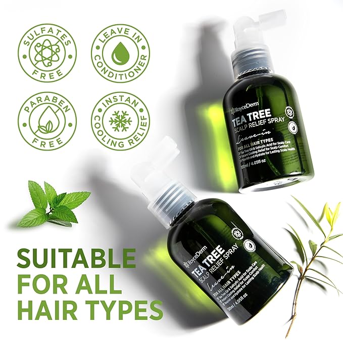 RoyceDerm Tea Tree Scalp Relief Spray: Leave-In Scalp Care for Dry, Flaky, and Itchy Scalp - Tea Tree Oil Formula for Comfort, Hydration, and Balance - Conditioning Support for Women & Men
