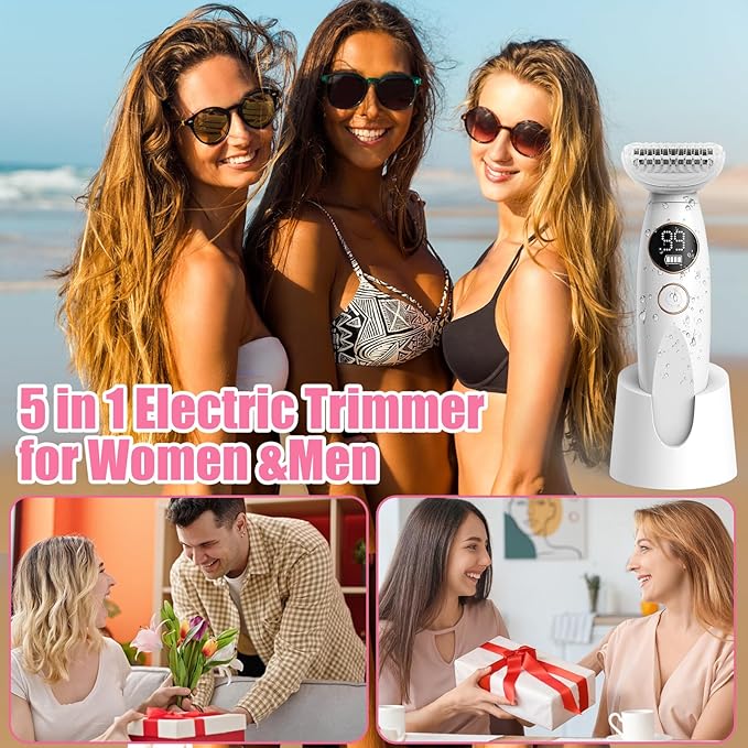 5 in 1 Bikini Trimmer for Women, Electric Razors for Women Pubic Hair Trimmer Waterproof Facial Hair Removal Cordless Electric Bikini Shaver with USB Charge Dock
