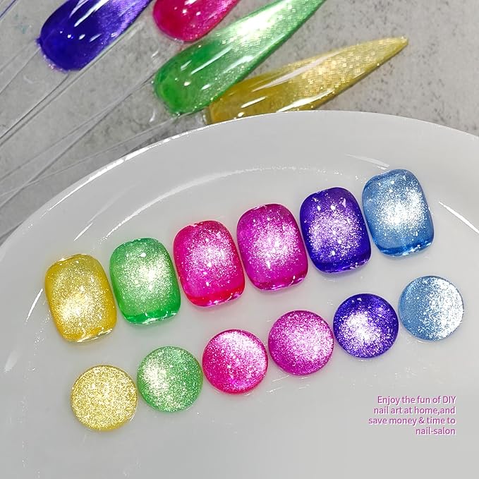 Born Pretty Cat Magnetic Eye Gel Nail Polish Spring Summer Neon Shimmer Glitter Holographic Cat Magnetic Eye Gel Crystal Glass Cat Magnetic Gel Polish Nail Art Manicure DIY at Home 6PCS