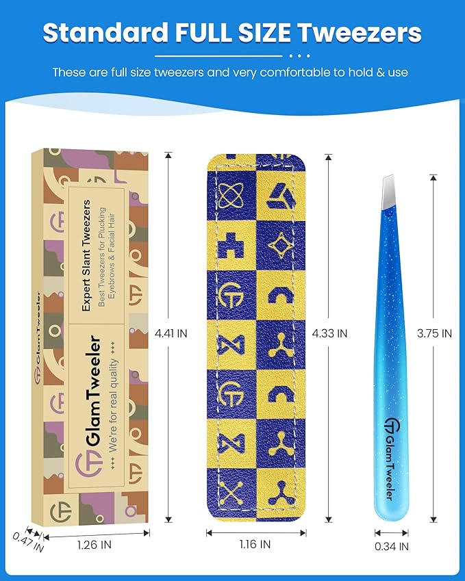 Expert Slant Tip Tweezers with Leather Travel Case, GlamTweeler Sharp & Precision Stainless Steel Tweezer for Eyebrows, Facial Hair and Fine Hairs Removal (Sparkle Royal Blue & Aqua)