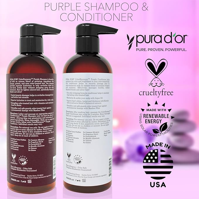 PURA D'OR Purple Shampoo & Conditioner (16oz x 2) ColorHarmony Biotin Set For Bleached, Blonde, Silver & Color Treated Hair - Keratin, Bamboo Fiber, No Sulfates - Men & Women