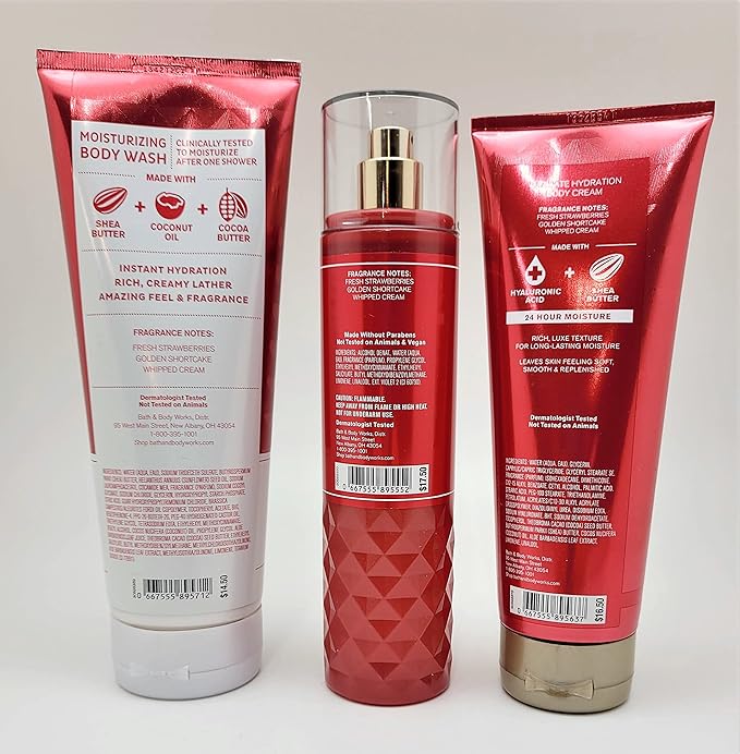 Bath & Body Works - Strawberry Pound Cake - Bundle -3 items - Moisturizing Body Wash, Ultimate Hydration Body Cream and Fine Fragrance Mist - Spring 2022