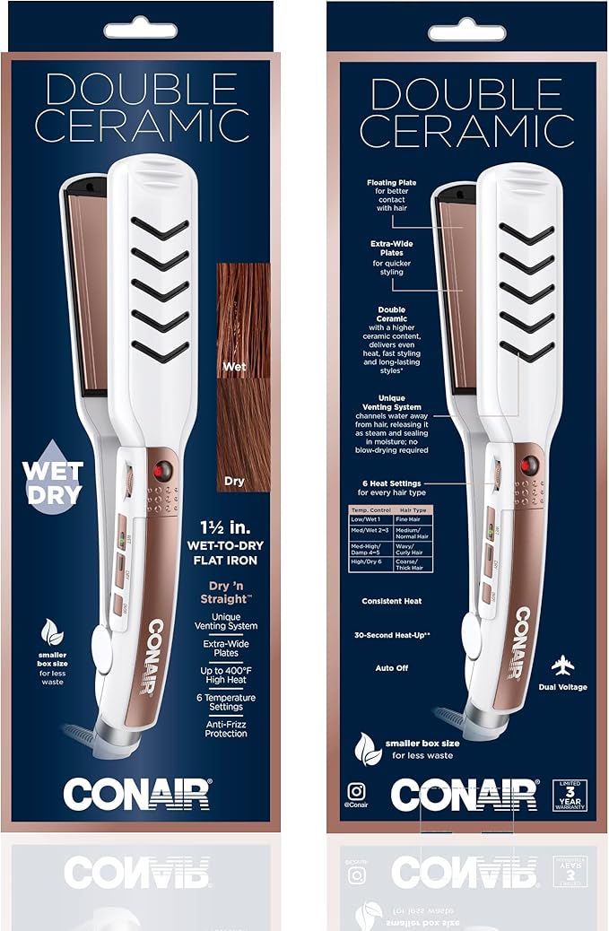 Conair Double Ceramic Flat Iron, 1 1/2-inch Wet-to-Dry Hair Straightener