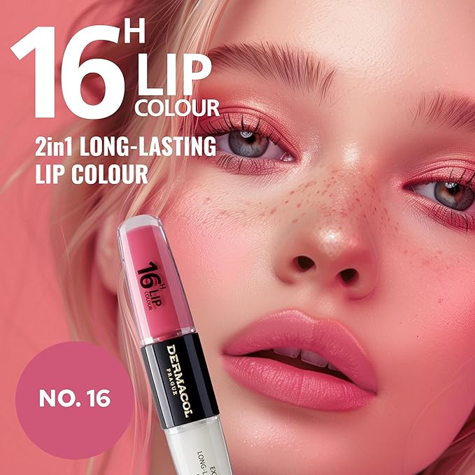Dermacol NEW 16-Hour Lip Colour, Highly Pigmented Glossy Lip Stain, Two-Phase Lip Plumper Gloss, Kissproof Lip Makeup Products with Matte and Glitter Finish, n.16