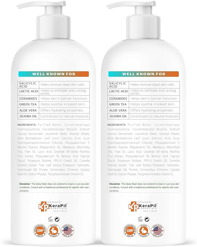Salicylic Acid Body Wash - Skin Non-drying, Gentle Exfoliates Rough and Bumpy Skin, Body Acne Wash, BHA & AHA - Unscented Exfoliating Body Wash, Made in USA - (16 fl oz x 2)