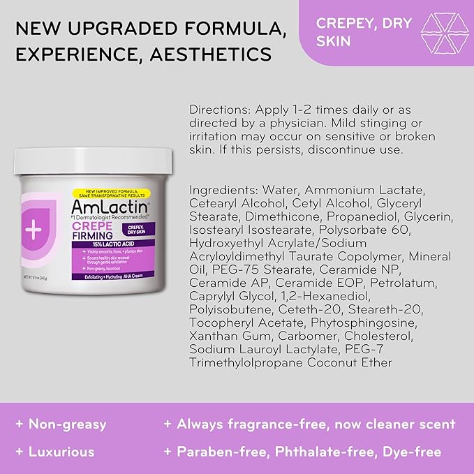 AmLactin Crepe Firming Cream - 12 oz Body Cream with 15% Lactic Acid - Exfoliator and Moisturizer for Crepey, Dry Skin (Packaging May Vary)