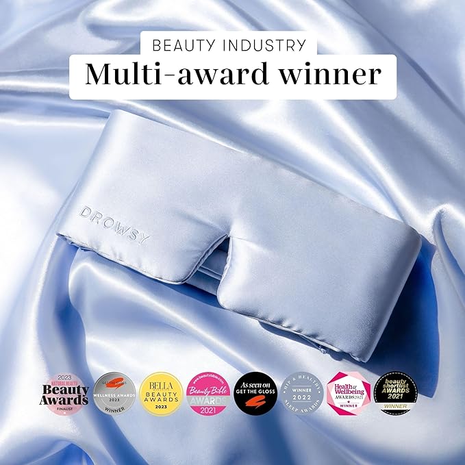 DROWSY Silk Sleep Mask. Face-Hugging, Padded Silk Cocoon for Luxury Sleep in Total Darkness. (Blue Belle)