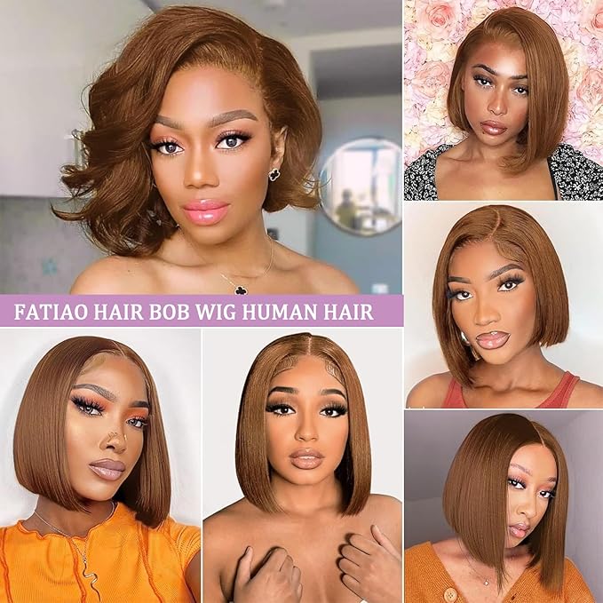 #4 Brown Bob Lace Front Wigs Human Hair Straight HD Transparent Brown Bob Wig Human Hair Wear and Go Glueless Wig Pre Plucked Short Bob Wigs For Black Women 12inch