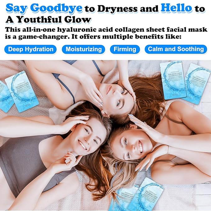 Collagen Face Mask with Hyaluronic Acid, Vitamin E Oil for Skin Care Hydrating, Moisturizing, Brightening & Anti Aging Face Masks Skincare for Oil, Dry, Acne, Sensitive All Skin Types 12PCS