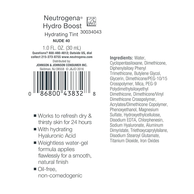 Neutrogena Hydro Boost Hydrating Tint Foundation Makeup for Dry Skin, with Hyaluronic Acid, Lightweight Oil-Free Water Gel, Non-Comedogenic, 40 Nude Color, 1.0 fl. oz