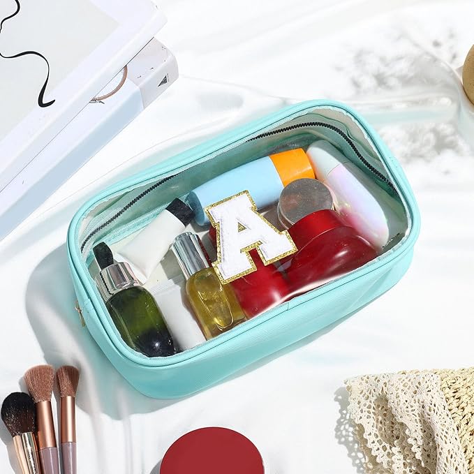 YOOLIFE Initial Travel Toiletry Bag, Clear Makeup Bag Preppy Cosmetic Bags Organizer Travel Essentials Gifts for Women Teen Girlfriend Teacher Mom Birthday Clear Makeup Bags With Zipper Blue I