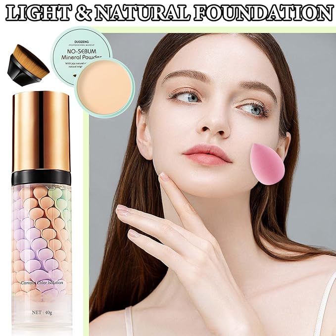 One Step Color Corrector,Natural Isolation Cream,Face Primer Makeup Tricolor Moisturizer,Correcting Primer Concealer Foundation,Setting Powder,Makeup Brushes,Makeup Sponges(4PCS)