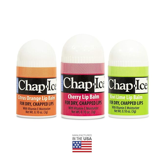 Chap-Ice® | Premium and Traditional Lip Balm for Chapped, Dry, or Windburned Lips | Pocket Size Display with Assorted Flavors - Cherry, Citrus Orange, Kiwi Lime - 50 Mini Sticks (0.10oz/3g)