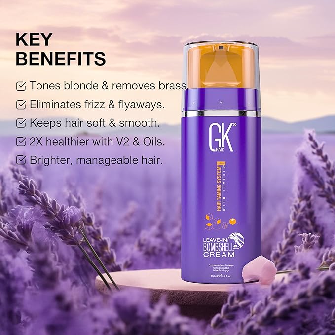 GK HAIR Global Keratin Leave In Bombshell Purple Cream (3.4 Fl Oz/100ml) Conditioning Smoothing Moisturizing Hydrating Frizz Control for Blonde Damaged Hair Removes Yellow Brassy Tones Flyaways