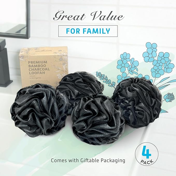 Spongentle Charcoal Bamboo Premium Deep Cleansing Loofah Sponge for Radiant Skin, Pack of 4, Bath and Shower, Exfoliating Body Scrubber, Beautiful Colors for Women and Men