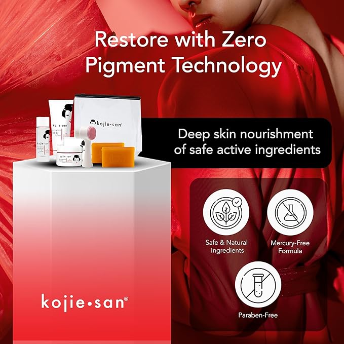 Kojie San Face & Body Complete Brightening Mini Set - 65 Gram x 2 Bars Soap, Body Lotion, Face Cream, and Facial Cleansing Brush
