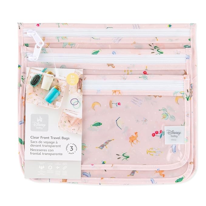 Bumkins Disney Travel Bag, Toiletry, TSA Approved Pouch, Zip Bag, Quart Size Airline Compliant, Clear-Sided, Baby, Diaper Bag Organization, Accessories, Packing, Set of 3 Sizes, Princess Magic Pink
