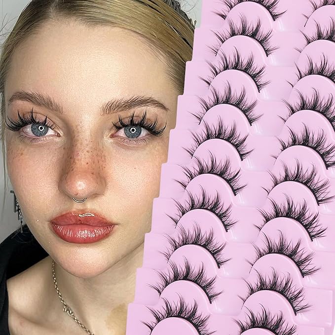 FANXITON Manga Lashes Wispy Natural Look Faux Eyelashes 10 Pairs Asian 3D False Eyelashes 14 mm Cat Eye Lashes Pack