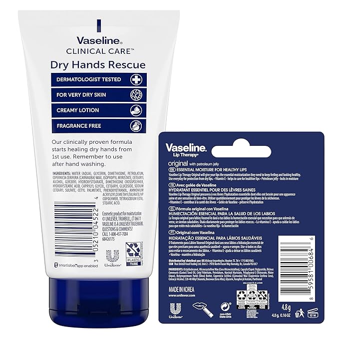 Vaseline Hand Cream, Dry Hands Rescue 2-Pack – Clinical Care Formula, Fragrance-Free, 5.1 Oz Ea + Lip Therapy Original Moisturizer for Lips, 0.16 Oz