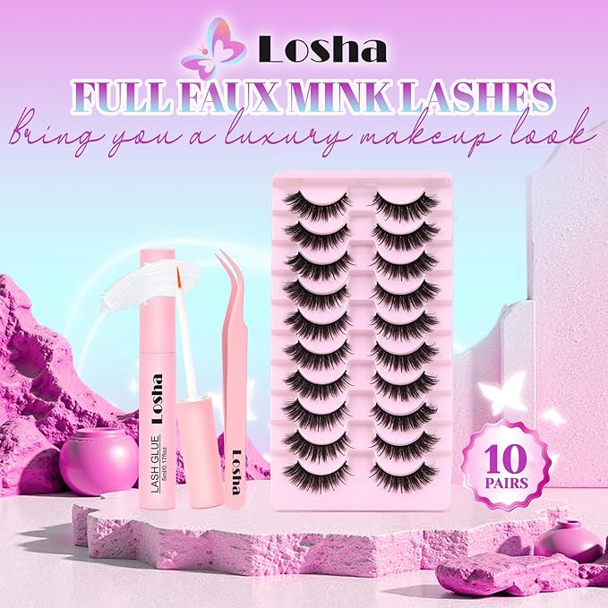 Losha Lashes Fluffy False Eyelashes 10 Pairs Spiky Cat Eye Lashes Kit with Lash Glue and Lash Tweezers 3D Volume Fake Eyelashes Soft Faux Mink Lashes Pack (Bold)