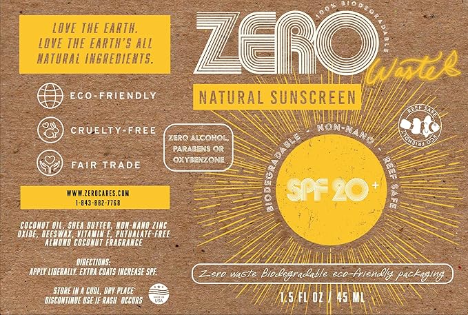 ZERO Waste 100% Plastic Free Natural Sunscreen Stick, SPF 20 Reef Safe and Kid Friendly, Water Resistant, Push Up Cardboard Tube, Sunblock Made with Beeswax, Shea Butter and Coconut Oil, 1.5 Oz