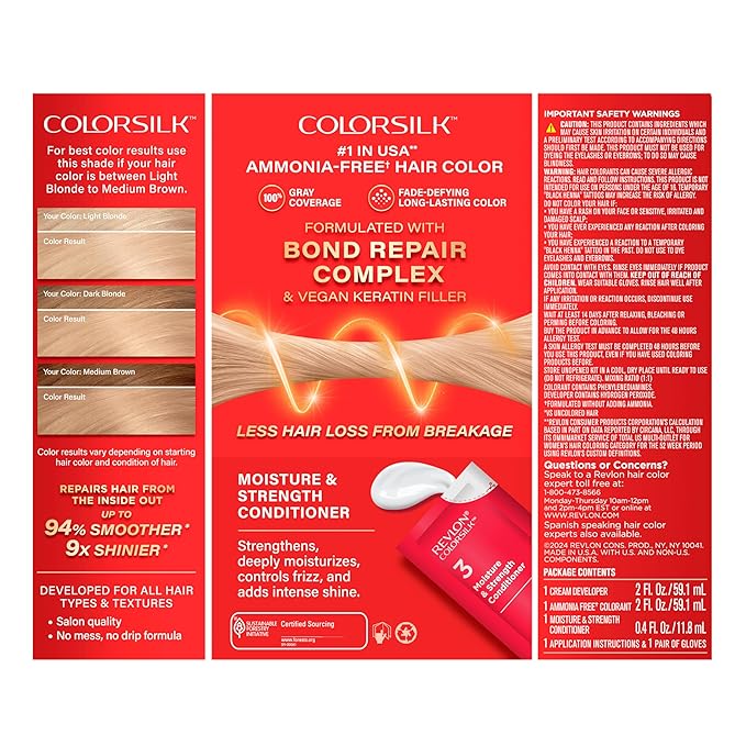 Revlon ColorSilk with Bond Repair Complex, Blonde Permanent Hair Color, 100% Gray Coverage, Ammonia Free Hair Dye, Vegan Keratin, 04 Ultra Light Natural Blonde (Pack of 3)