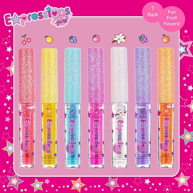 7pc Fruity Flavored Lip Gloss Set - Lip Gloss in Assorted Fruity Flavors, Non Toxic Makeup for Kids & Teens