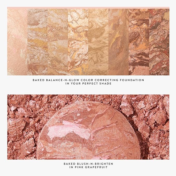 LAURA GELLER NEW YORK Blush-n-Glow Kit (3 PC): Baked Balance-N-Glow Illuminating Powder Foundation, Fair + Retractable Kabuki Brush + Baked Blush-N-Brighten, Pink Grapefruit