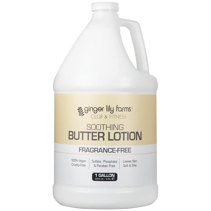 Ginger Lily Farms Club & Fitness Soothing Butter Lotion for Dry Skin, 100% Vegan & Cruelty-Free, Fragrance Free, 1 Gallon (128 fl oz) Refill