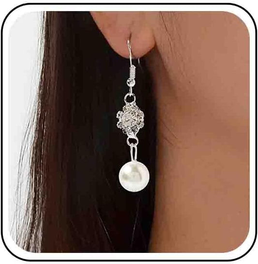 Vintage Rhinestone Pearl Drop Earrings Crystal Flower Dangle Earrings Silver Pearl Earring Cz Flower Hook Earrings Jewelry for Women