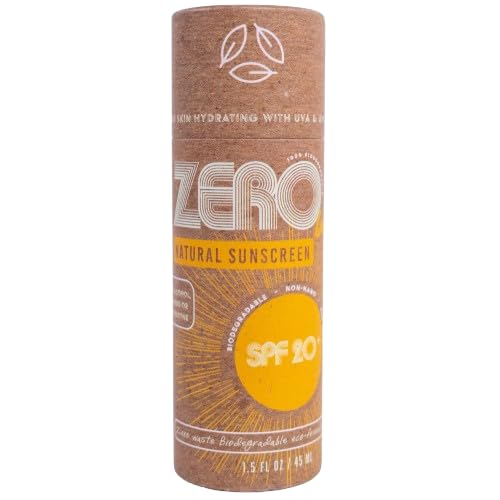 ZERO Waste 100% Plastic Free Natural Sunscreen Stick, SPF 20 Reef Safe and Kid Friendly, Water Resistant, Push Up Cardboard Tube, Sunblock Made with Beeswax, Shea Butter and Coconut Oil, 1.5 Oz
