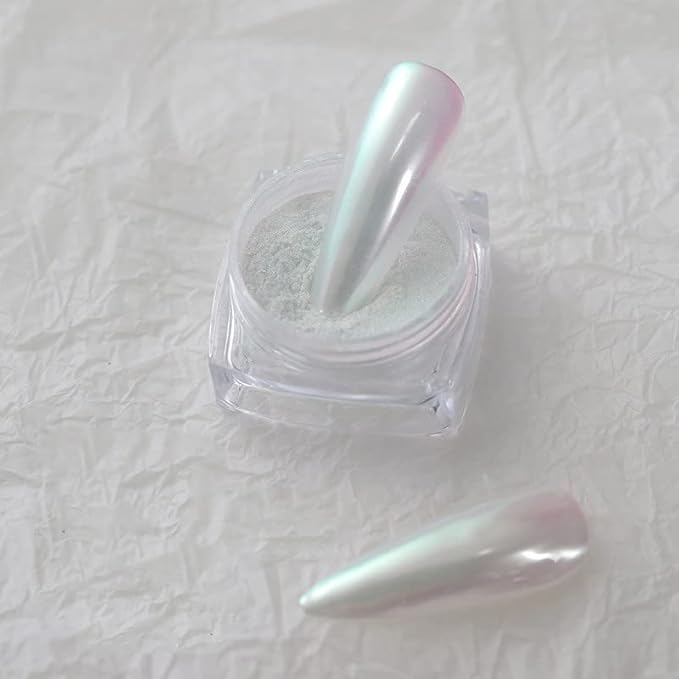 2 Pcs White Iridescent Nails Powder Aurora Chrome Powder for Nails,Mermaid Chrome Nail Pearl Powder Chameleon Chrome Nail Powder Manicure Pigment(2 Pcs Moonlight)