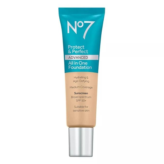 No7 Protect & Perfect Advanced All in One Foundation - Deep Honey - Light to Buildable Coverage - Hydrating Foundation with SPF 50 - Reduces Redness & Blurs Visible Pores (30ml)