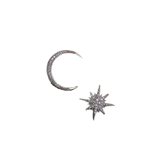 Boho Star Moon Studs Earrings Silver CZ Sunburst Earrings Rhinestone Crescent Moon Earrings Mismatched Earrings Jewelry for Women and Girls