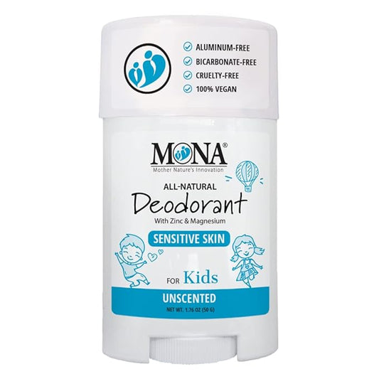 MONA UNSCENTED 100% Natural Deodorant for Kids, Preteens & Teens | Hypoallergenic & Vegan | No Baking Soda, Synthetic Scents or Aluminum | Safe for Kids with Sensitive Skin | (UNSCENTED 1.76 Oz)