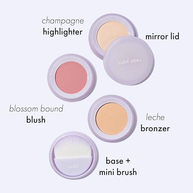 Subtl Beauty 3-in-1 travel makeup kit by subtl staks | powder blush, bronzer, and highlighter | includes mirror lid and mini brush | for fair-light skin tones