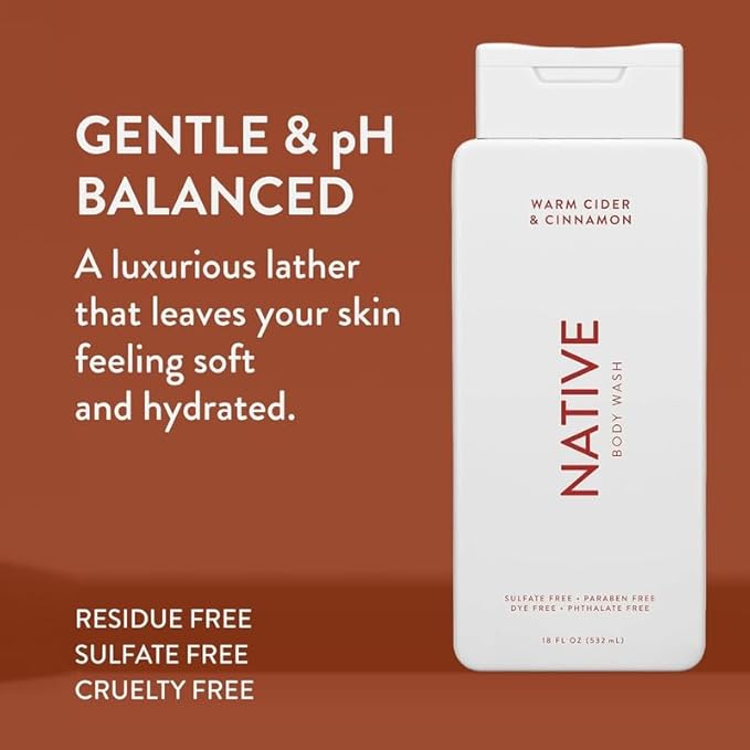 Native Body Wash for Men & Women, Seasonal | Sulfate, Paraben, and Dye Free, with Naturally Derived Clean Ingredients Leaving Skin Soft and Hydrating, Warm Cider & Cinnamon 18 oz - 2 Pk