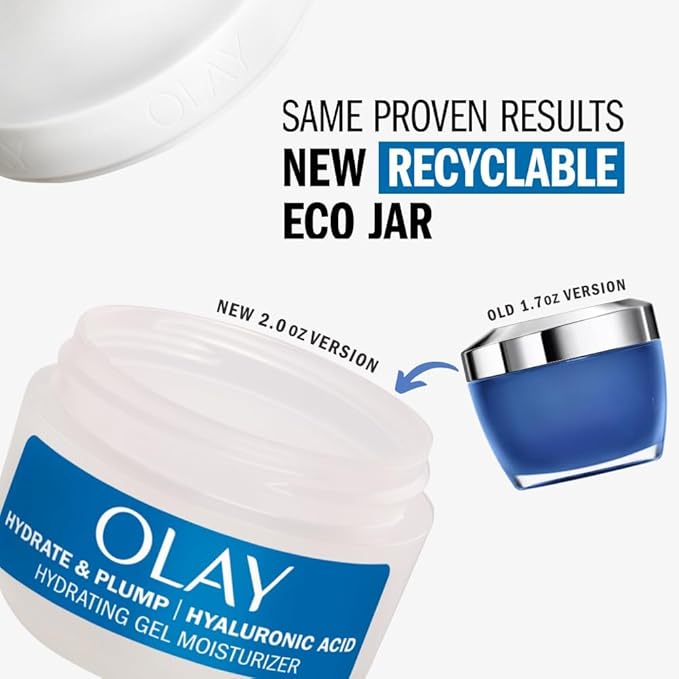Olay Plump & Hydrate Hyaluronic Gel Face Moisturizer, 2 oz Fragrance Free Hydrating Gel Moisturizer for Dry Skin with Hyaluronic Acid and Niacinamide, Recyclable Eco Jar Packaging