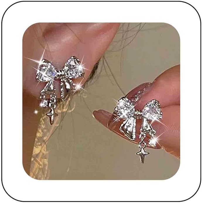 Vintage Crystal Bow Earrings Black Onyx Stud Earrings Silver Tiny Cross Drop Earrings Sparkly Cz Rhinestone Bow Earrings Jewelry for Women