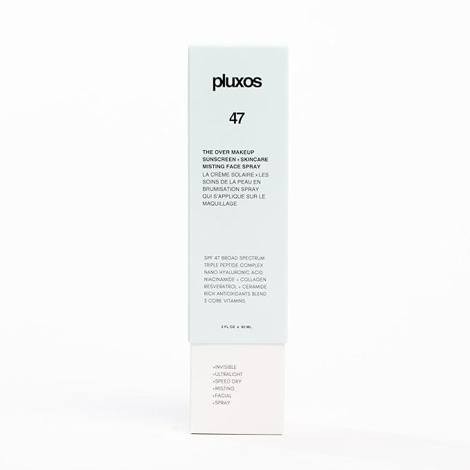 | PLUXOS 47 | SUNSCREEN + SKINCARE SPF 47 FACE MIST SPRAY (Peach) | SUN DEFENSE COMPLEX CARE | Apply Over Makeup, Broad Spectrum, Clear, Light, Vegan, Hydrate, Fight Acne, Anti-Aging, Cell Repair