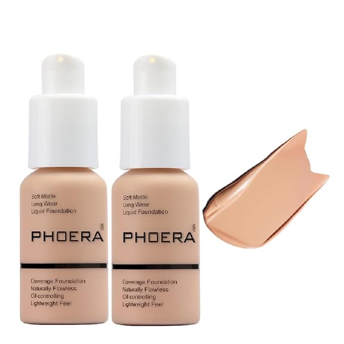 2 Pack PHOERA Foundation,Full Coverage Foundation, Concealer Foundation Warm peach） 30ml
