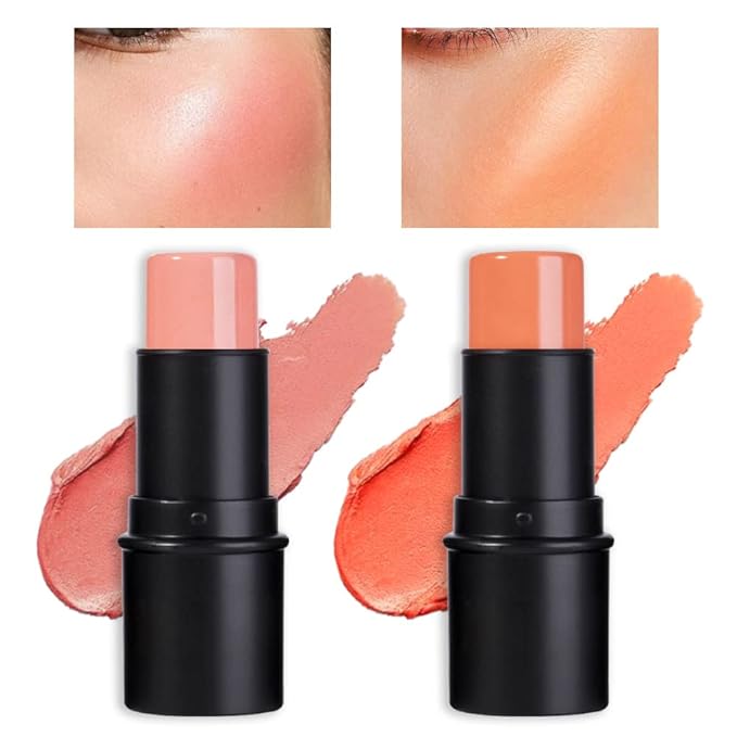 evpct 2Pcs Shimmer Orange Cream Blush Stick for Cheeks Lips Tint Eyes Contour Highlighter Makeup Sticks Lightweight Hydrating formula rubor en crema para los cachetes 02 Coral Pink & 03 Coral Orange