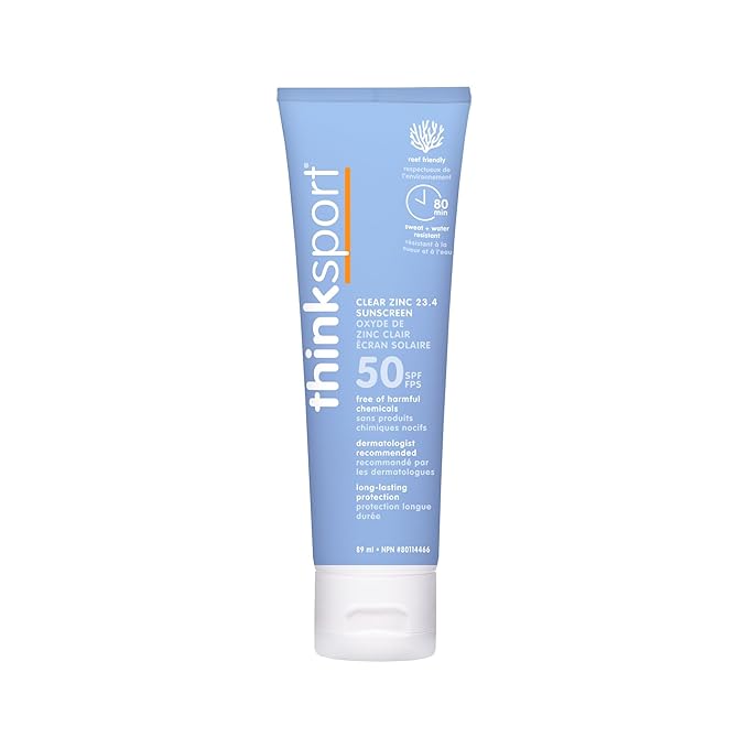 Thinksport Mineral Sunscreen, SPF 50 Clear Zinc Oxide Sunscreen, 3 Fl Oz, Natural, Water Resistant, Reef Safe, Broad Spectrum UVA/UVB Sun Screen for Sun Protection, Travel Size