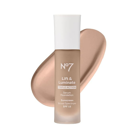 No7 Lift & Luminate Triple Action Serum Foundation - Liquid Makeup with SPF 15 for a Dewy, Glowy Base - Radiant Formula for Mature Skin - Cool Vanilla (1 Fl Oz)