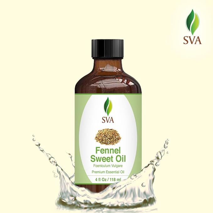 SVA Sweet Fennel Essential Oil – 4 Fl Oz – 100% Natural Fennel Oil - for Diffuser, Hair Care, Face, Skin Care, Aromatherapy, Scalp and Body Massage, Soap and Candle Making – with Dropper