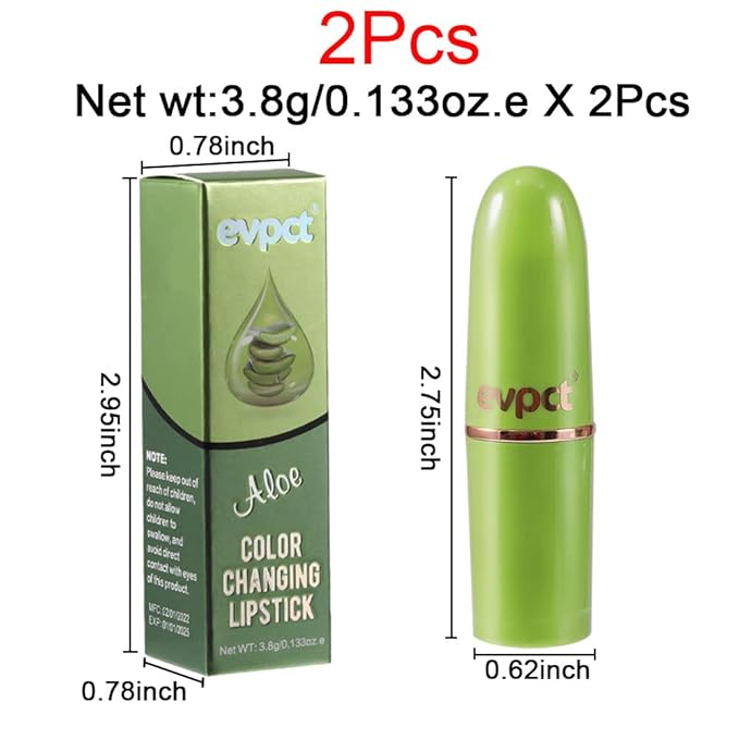 evpct 2Pcs Aloe Vera Lip Color Changing Lipstick Tinted Lip Balm Set Green Magic PH Lipstick Color Change Changing Crystal Flower Jelly Lipstick Gloss Stain Makeup Set for Women Girls Waterproof